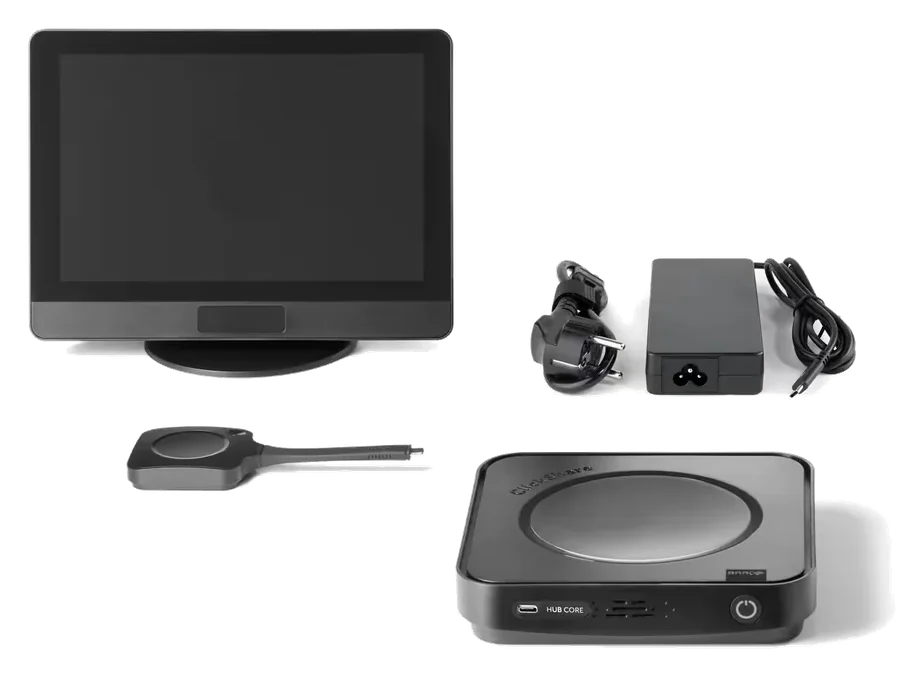 Zestaw Barco ClickShare Hub Core Kit: jednostka bazowa, panel sterowania, przycisk i zasilacz
