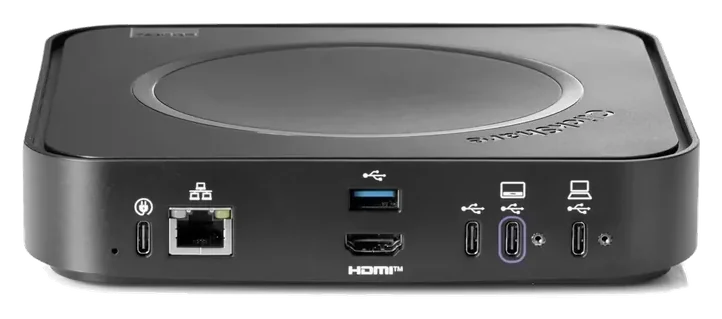 Tył jednostki bazowej Barco ClickShare Hub Core: HDMI, LAN, USB-C