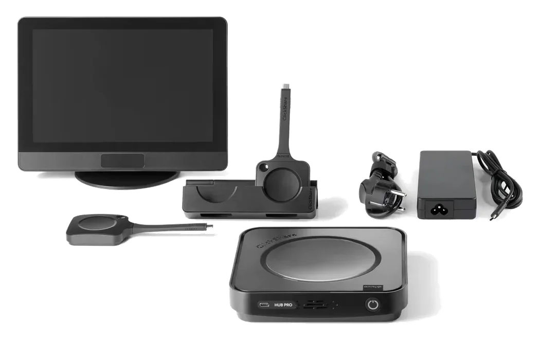 Zestaw Barco ClickShare Hub Pro Kit: jednostka bazowa, panel sterowania, dwa przyciski i zasilacz