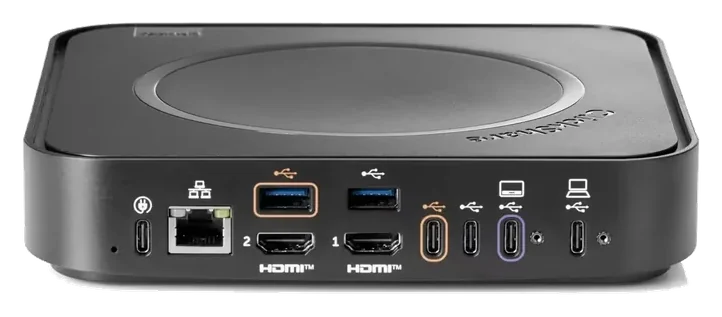 Tył jednostki bazowej Barco ClickShare Hub Pro: dwa wyjścia HDMI, LAN, USB-C