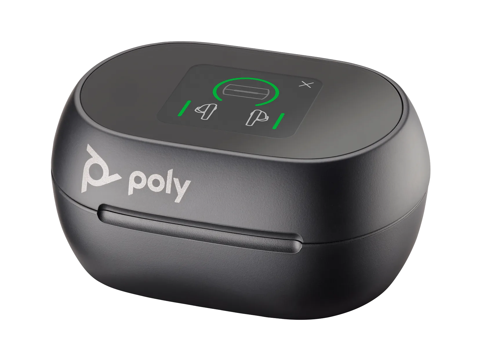 Zamknięte etui ładujące HP Poly Voyager Free 60+ z logo Poly, ujęcie z góry